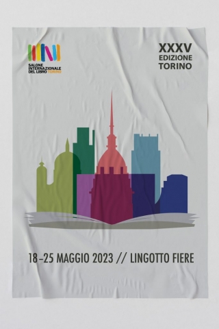 Manifesto con Skyline di Torino per il Salone Internazionale del Libro